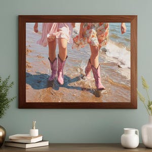 Pink & Preppy Cowgirl Boots Art Print | Girly Trendy Wall Art | Cowgirl Boots Ocean Coastal | Oil Painting | Dorm Room | Digital | PRINTABLE