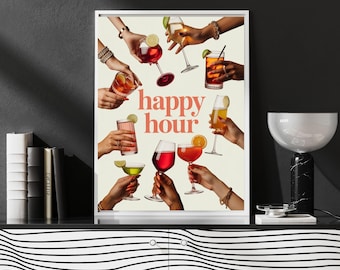 Cocktail Digital Print, Vintage Happy Hour Wall Art, Kitchen Decor, Disco Ball Poster, Cheers Print, Bar Cart Art, Retro Printable Wall Art.