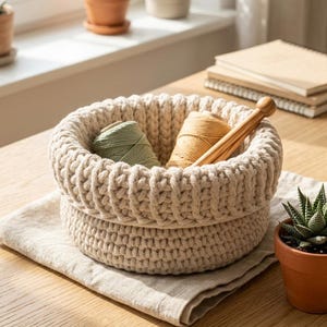 May include: A round, cream-colored crocheted basket with a thick, textured rim. Inside the basket are two spools of yarn, one sage green and one mustard yellow, along with a pair of wooden knitting needles resting against the inner wall.
