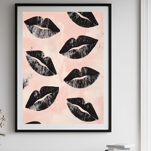 Kiss Lips Wall Art, black Kisses Print, Retro Lips Poster, Trendy Wall Art, Girly Print, Coquette Digital Prints, Funky Apartment Aesthetic
