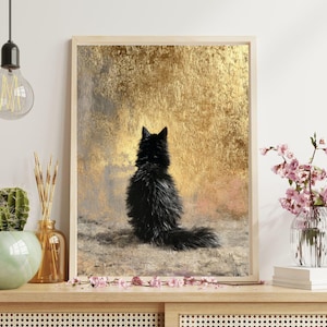 Black Cat Painting Fat Black Cat Painting on Gold Leaf, Cat Wall Art, Cat Print, Cat Portrait, Unique Gift, Black Kitten Painting.