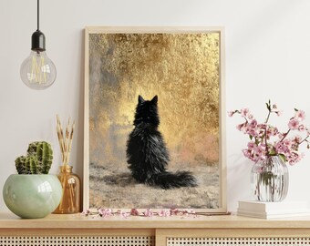 Pintura de gato negro Pintura de gato negro gordo sobre pan de oro, arte de pared de gato, impresión de gato, retrato de gato, regalo único, pintura de gatito negro.