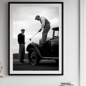 Golfer on The Car, Golf Wall Art, Black and White Art, Vintage Wall Art, Funny Wall Art, Antique Car Digital DOWNLOAD, PRINTABLE Wall Art