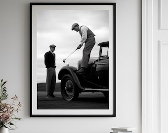 Golfer op de auto, golf muurkunst, zwart-witte kunst, vintage muurkunst, grappige muurkunst, antieke auto digitale DOWNLOAD, AFDRUKBARE muurkunst
