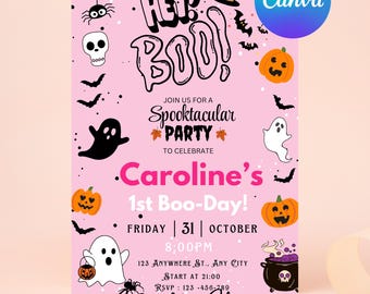 Editable Spooky One Invitation Pink, Halloween Ghost 1st Birthday Party Invite, Cute Pink Ghost 1st Birthday, First Boo Day Halloween Invite