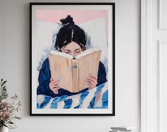 Woman Reading in Bed Poster, Book Lover Wall Art Print, Reading Nook Library Decor, Whimsical Retro Girly Poster, Cozy Bedroom Art