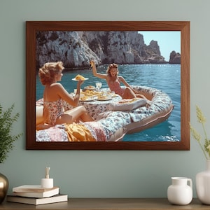 Women Eating Pasta on Lake, Black and White Art, Vintage Wall Art, Funny Art, Pasta Picnic on Lake, Picnic on Lake, DOWNLOAD, PRINTABLE Art.
