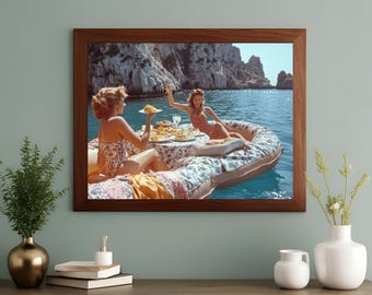 Women Eating Pasta on Lake, Black and White Art, Vintage Wall Art, Funny Art, Pasta Picnic on Lake, Picnic on Lake, DOWNLOAD, PRINTABLE Art.