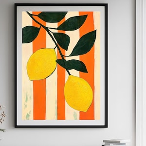 Vintage Lemons Art Print, Lemons And Stripes Art, Modern Wall Art, Kitchen Wall Decor, Cute Lemon Print, Digital Download.