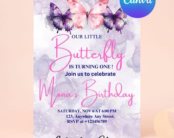 Butterfly Birthday Invitation, 1st Birthday Invite, Floral Butterfly Birthday Invitation, Pink Purple Butterfly Party, 1st Birthday Girl