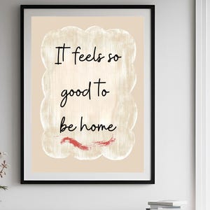Qué bien se siente estar en casa, póster de postal vintage, impresión horizontal moderna, estética de apartamento retro, arte mural femenino adorable, descarga digital