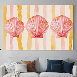Seashell & Stripes Print in Pink and Butter Yellow, Beachy Summer Wall Art for Beach House, Apartment, or Dorm, Printable Digital