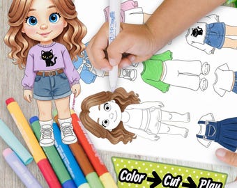 Conjunto de bonecas de papel para colorir para imprimir: Brinquedo de vestir faça você mesmo (PDF)