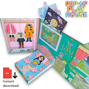 DIY Printable Portable Paper Dollhouse - 3D Playbook with Pop-Up Bed, Projection Films, and Wardrobe