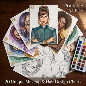 May include: A collection of watercolor and ink illustrations of women's faces, showcasing various hairstyles and makeup designs. The artwork includes a watercolor palette and the text "Printable A4 PDF" and "20 Unique Makeup & Hair Design Charts."