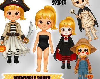 Halloween Paper Doll Set: 1 Doll, 20 Costumes (A4 PDF Digital Download)