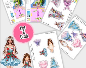 May include: A collection of printable paper dolls and dresses, along with cut-and-craft activity sheets. The dolls are dressed in blue dresses with red floral accents. The image includes the text "Cut & Craft" and "Have Fun!"