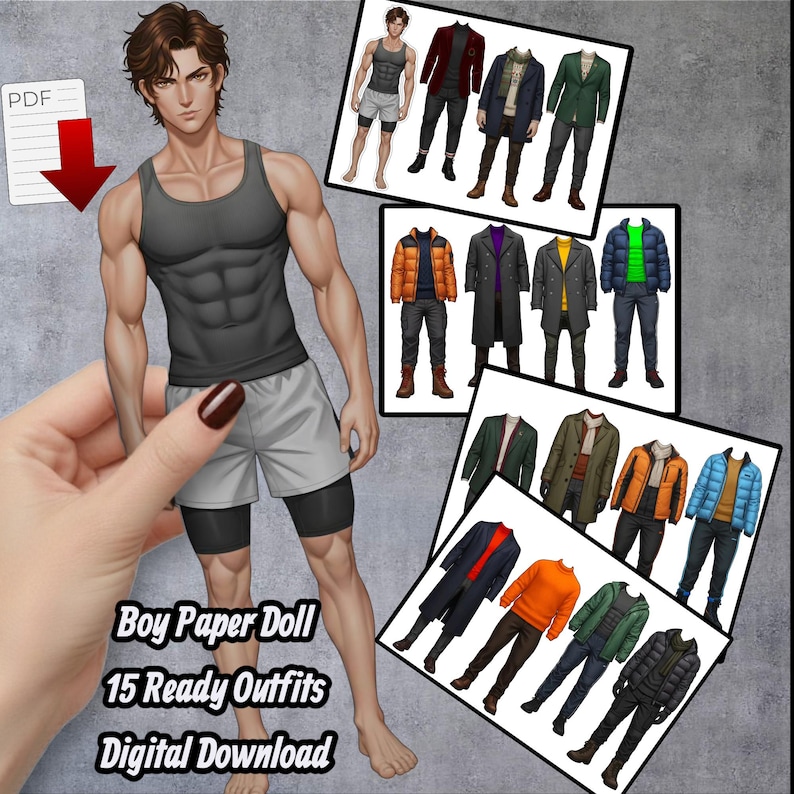 Male Paper Doll Printable | 15 Outfit Dress Up Game | Cut and Play Boy Doll | A4 PDF Digital Download
