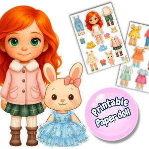Printable Paper Doll with Bunny – 12 Outfit Dress-Up (Digital Download)