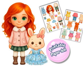 Printable Paper Doll with Bunny – 12 Outfit Dress-Up (Digital Download)