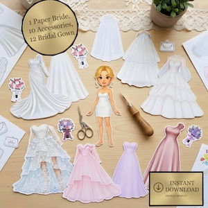 Paper Doll Bridal Shop – Bride with Wedding Dresses, Veils, Bags (Printable PDF)