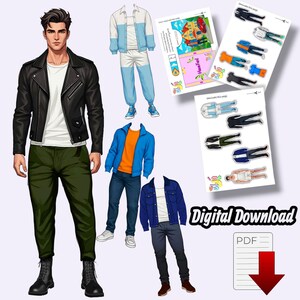 May include: A digital download featuring a male paper doll with various outfits. The outfits include a black leather jacket, blue and white track suit, blue jeans, and a blue denim jacket. The words "Digital Download" are visible.