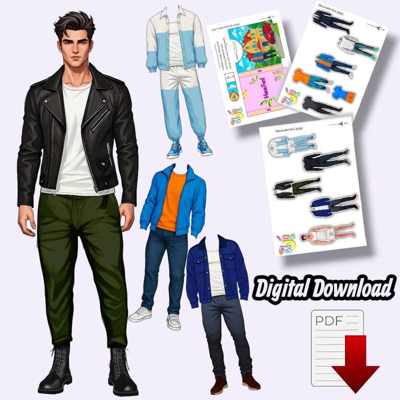May include: A digital download featuring a male paper doll with various outfits. The outfits include a black leather jacket, blue and white track suit, blue jeans, and a blue denim jacket. The words "Digital Download" are visible.