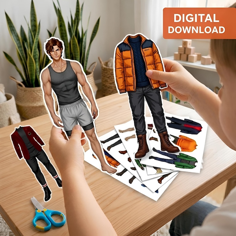 Male Paper Doll Printable | 15 Outfit Dress Up Game | Cut and Play Boy Doll | A4 PDF Digital Download