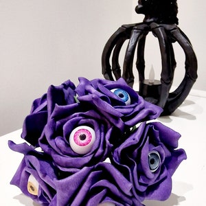 Purple Gothic Bouquet - All seeing Eye Flowers, Goth Flowers, Home Décor, Halloween, Steam Punk, Wedding Bouquet, Red everlasting Roses.