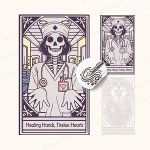Skelett Tarotkarte, Skelett Tarotkarte png svg, Retro Skelett Design, Tarot Karte illustrativ, Gesundheitswesen SVG, Retro Krankenschwester png svg 04