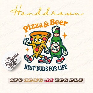 Pizza & Beer - Best Buds for Life, designated png digital wall print, Fun Retro Gift for Pizza and Beer Fans, Cartoon Designed for Foodies