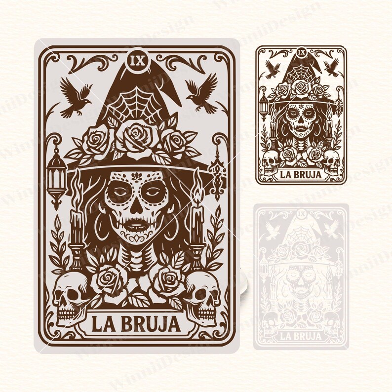 May include: Brown tarot card design featuring a witch with sugar skull makeup, wearing a witch hat with a spiderweb and roses. The card includes the text "LA BRUJA", skulls, candles, and birds. The number "IX" is at the top.