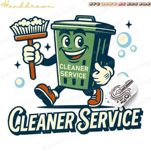 Cleaner Service TrashBin SVG – Fun Mascot Clipart for Eco Projects – Digital Download, Retro & Distressed Design, trash can designer png svg