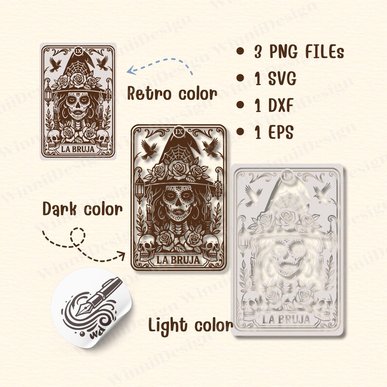 May include: An image showcasing a design for digital files. The design features a stylized illustration of a witch with a skull face, wearing a hat adorned with roses. The text "LA BRUJA" is visible. The image also lists file formats: 3 PNG, 1 SVG, 1 DXF, and 1 EPS.