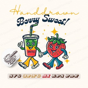 Strawberry Smoothie characters | Berry Sweet Retro Pair png | Fun mascot Gift for Food Lovers | Cartoon Retro Condiment Duo Designer SVG PNG