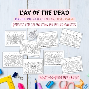 May include: A set of black and white Papel Picado colouring pages featuring Day of the Dead designs. The images include food and skull motifs. The text reads "Papel Picado Colouring Page". The ready-to-print PDF size is 21.6 x 27.9 cm.