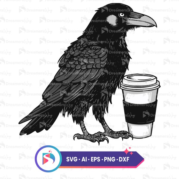 Raven coffee lover digital art, quirky bird illustration, svg png dxf ai eps files, downloadable clipart for personal use, instant download.