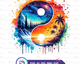 Aquarela natureza yin yang arte vetorial, svg, ai, eps, png, arquivos dxf, yin yang svg, download instantâneo.