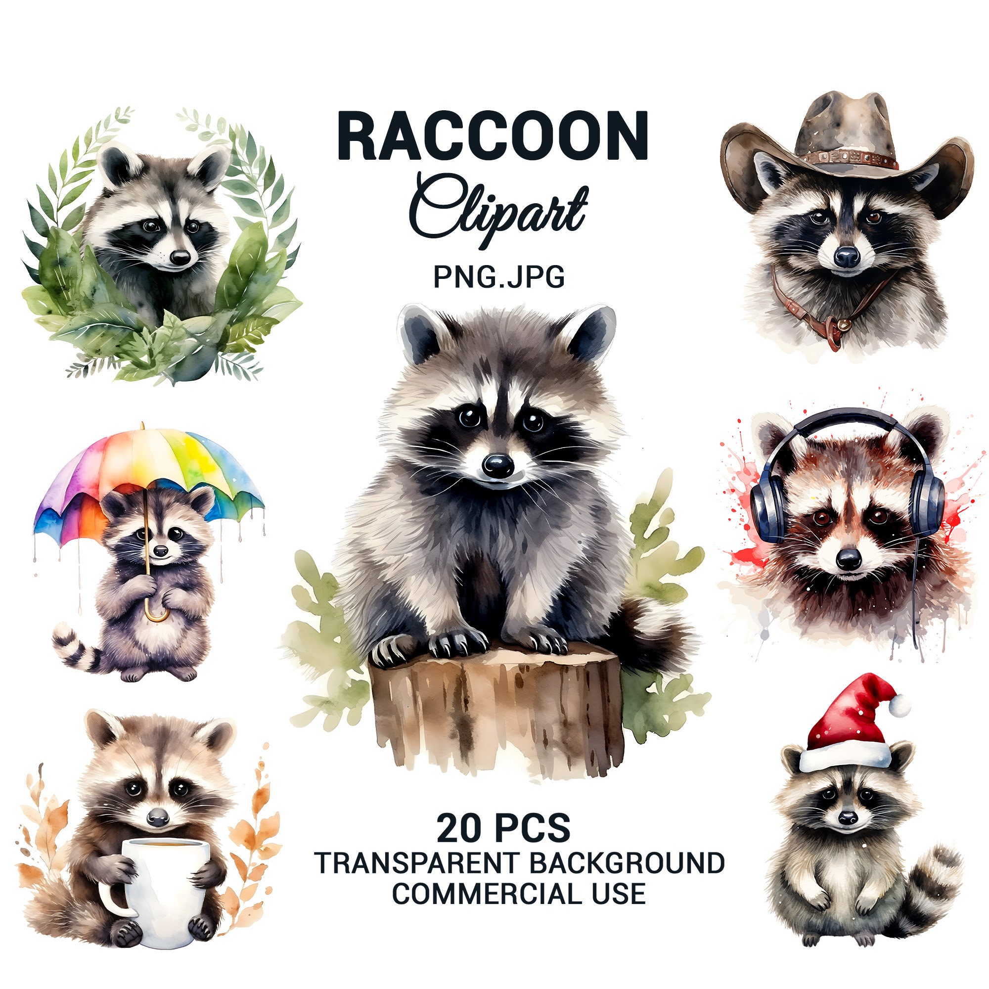 Watercolor raccoon bundle, Cute animal clipart, Wild animal clipart, Sweet raccoon png, Nursery Decor Wall Art, commercial use.