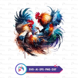 Arte vetorial de briga de galos em aquarela, decoração de cozinha de fazenda, svg para impressão, ai, png, eps, arquivos dxf, download instantâneo.