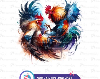 Watercolor cockfighting vector art, farmhouse kitchen decor, printable svg, ai, png, eps, dxf files, instant download.
