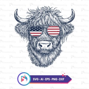 Può includere: Un disegno in bianco e nero di una mucca delle Highlands che indossa occhiali da sole con il design della bandiera americana. La mucca sta guardando direttamente lo spettatore.