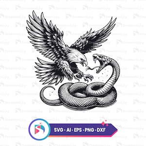 Może przedstawiać: Czarno-biała ilustracja orła atakującego węża. Orzeł ma szpony owinięte wokół szyi węża, a wąż gryzie skrzydło orła. Obraz jest klasycznym przedstawieniem walki między dobrem a złem.