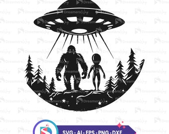 Ufo and bigfoot alien encounter vector art, svg, ai, eps, png, dxf files for crafting, cricut and silhouette, instant download.