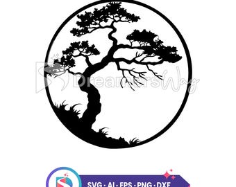 Puede incluir: Silueta en blanco y negro de un árbol bonsái dentro de un círculo. El árbol tiene un tronco grueso y muchas ramas.