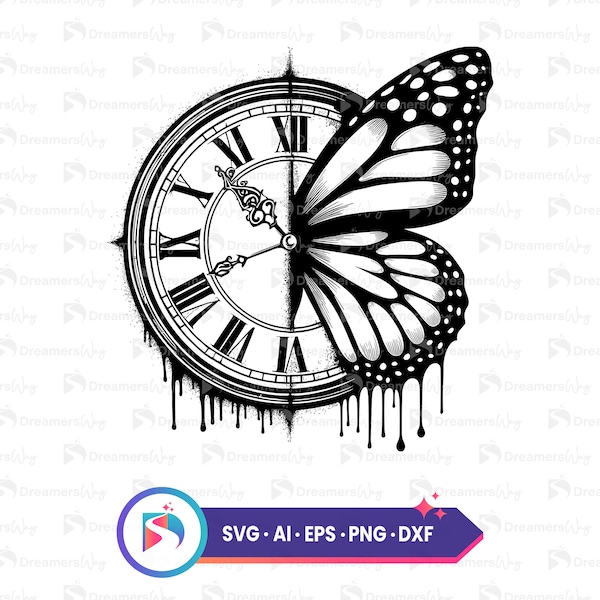 Butterfly with clock vector art, svg, clock digital art, printable wall decor, creative timepiece illustration, clock svg, instant download.