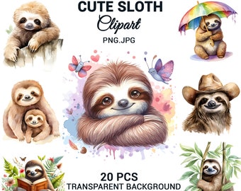 Puede incluir: Un conjunto de 20 ilustraciones de acuarela de perezosos lindos en varias poses. Los perezosos se representan en un estilo de dibujos animados con ojos grandes y caras sonrientes. Las ilustraciones son perfectas para usar en scrapbooking digital, creación de tarjetas y otros proyectos creativos.