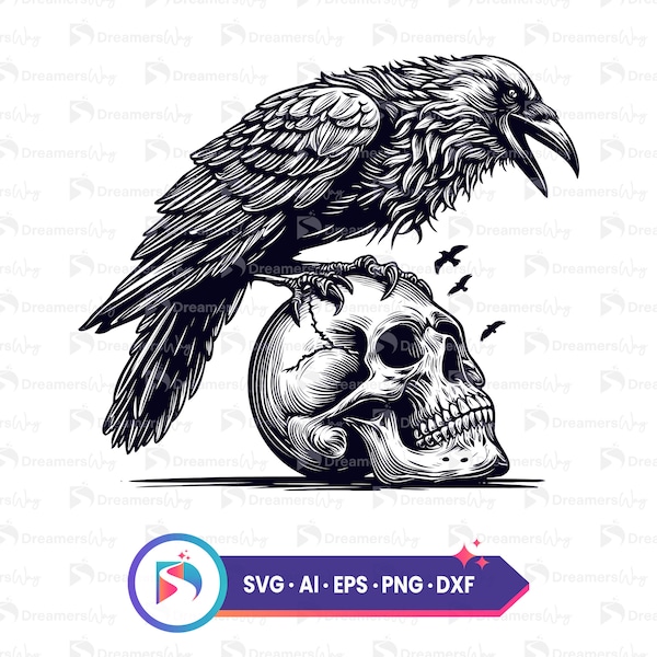 Raven siting on skull digital art, instant download svg, png, ai, dxf, eps files, commercial use.