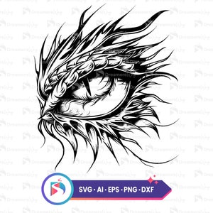 May include: Black and white illustration of a dragon's eye with sharp, jagged edges. The eye is detailed with a pupil and a scaly eyelid.