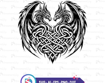 Celtic style dragon heart, svg, digital download for cricut, silhouette cameo, diy crafts, vector clipart, tattoo design, wedding decor.